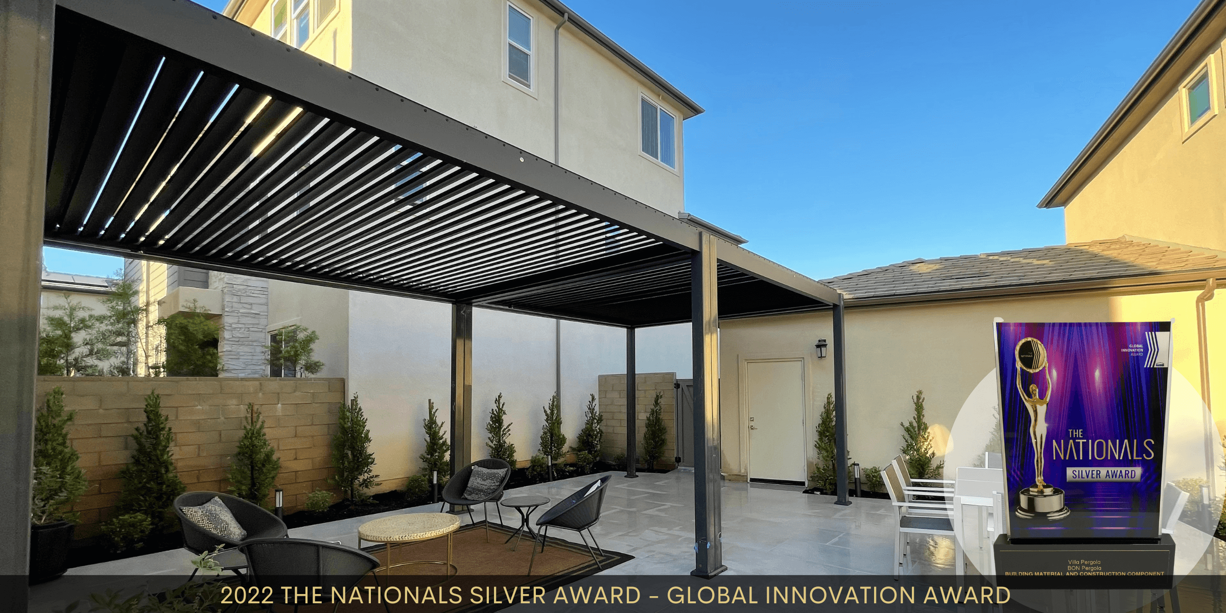 "2022 Nationals Silver Award - Global Innovation Award" with a pergola scene in background