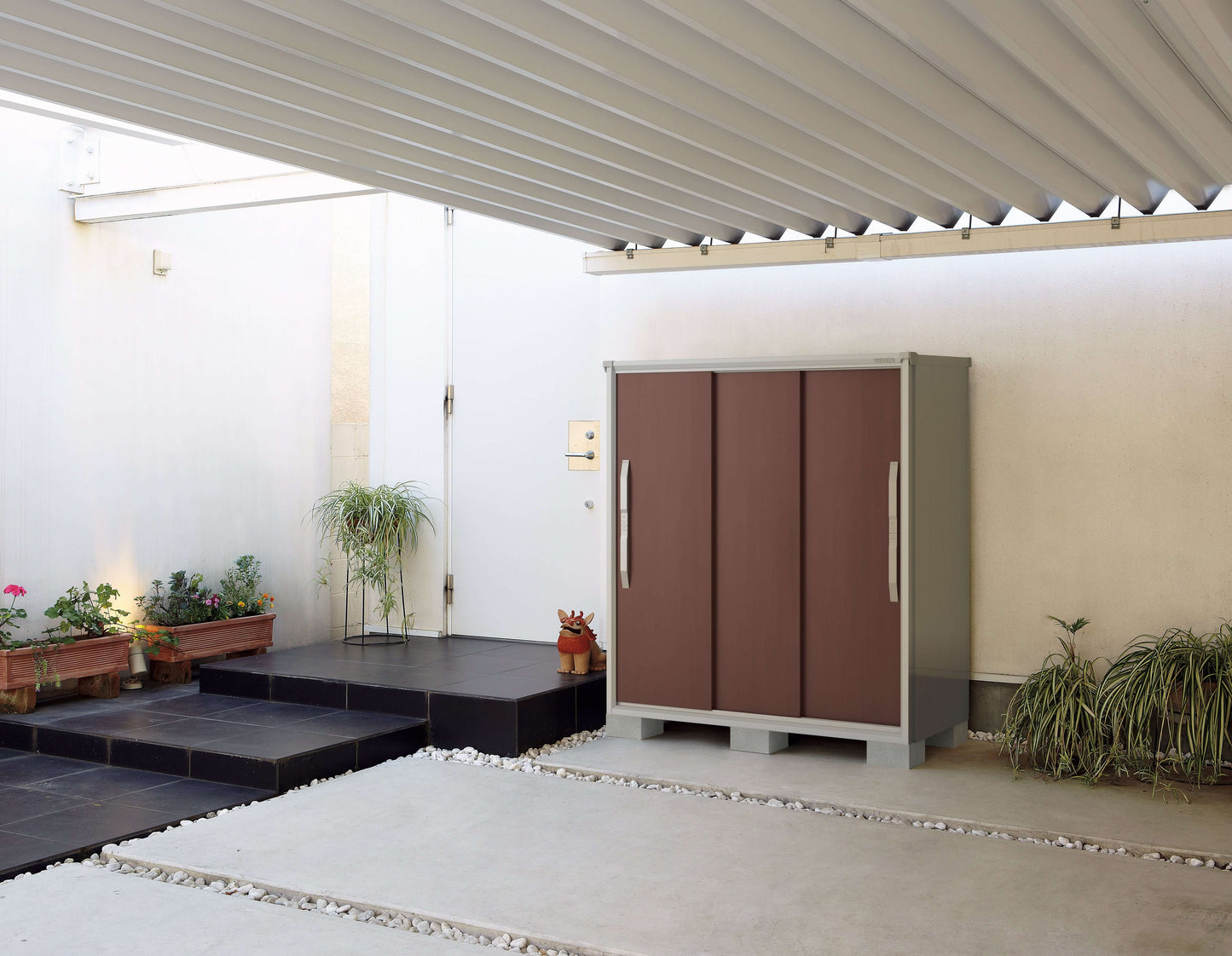 YODOKO premium outdoor shed in contemporary setting, showcasing luxury design and durable materials made in Japan.