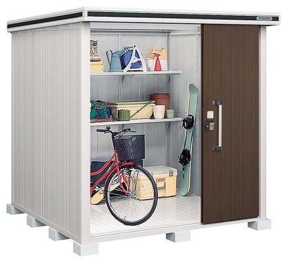 YODOKO premium outdoor shed displaying organized storage with bicycle and sports equipment, showcasing luxury Japanese design.