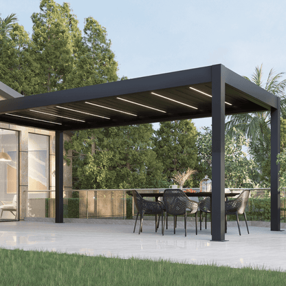 Heavy-duty aluminum pergola with motorized louvers, LED lighting, and gutter system. Provides privacy and protection from the elements.