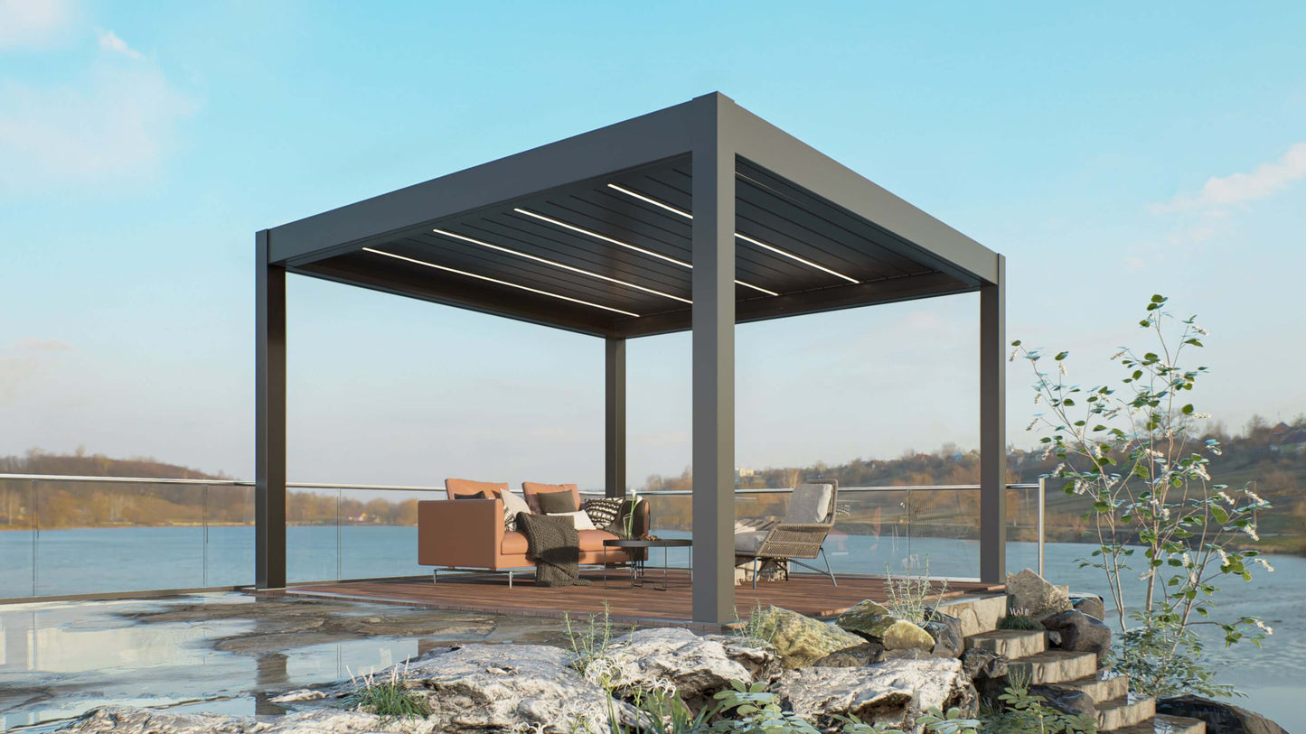 Heavy-duty aluminum pergola with motorized louvers, LED lighting, and gutter system. Provides privacy and protection from the elements.