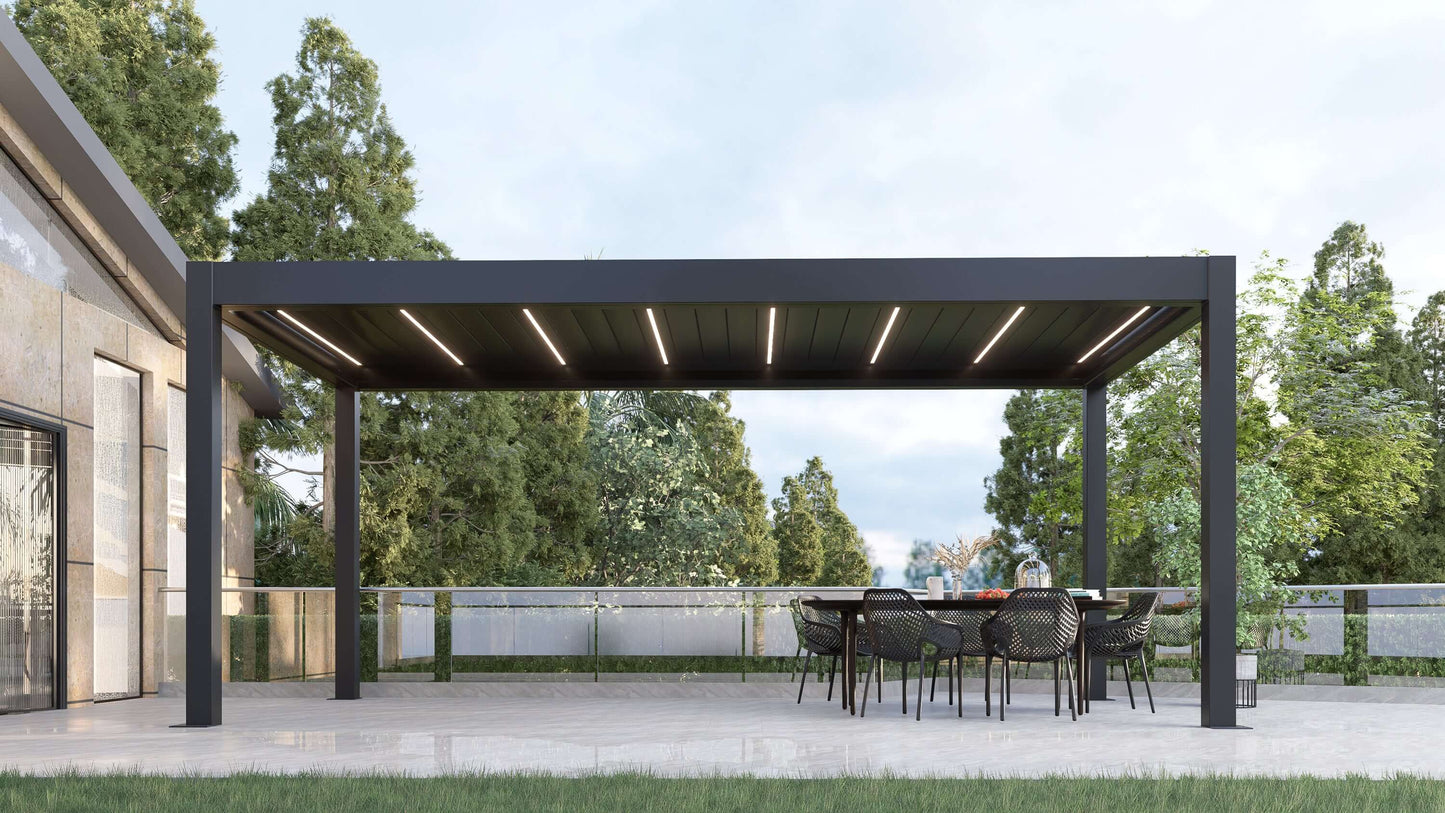 Heavy-duty aluminum pergola with motorized louvers, LED lighting, and gutter system. Provides privacy and protection from the elements.