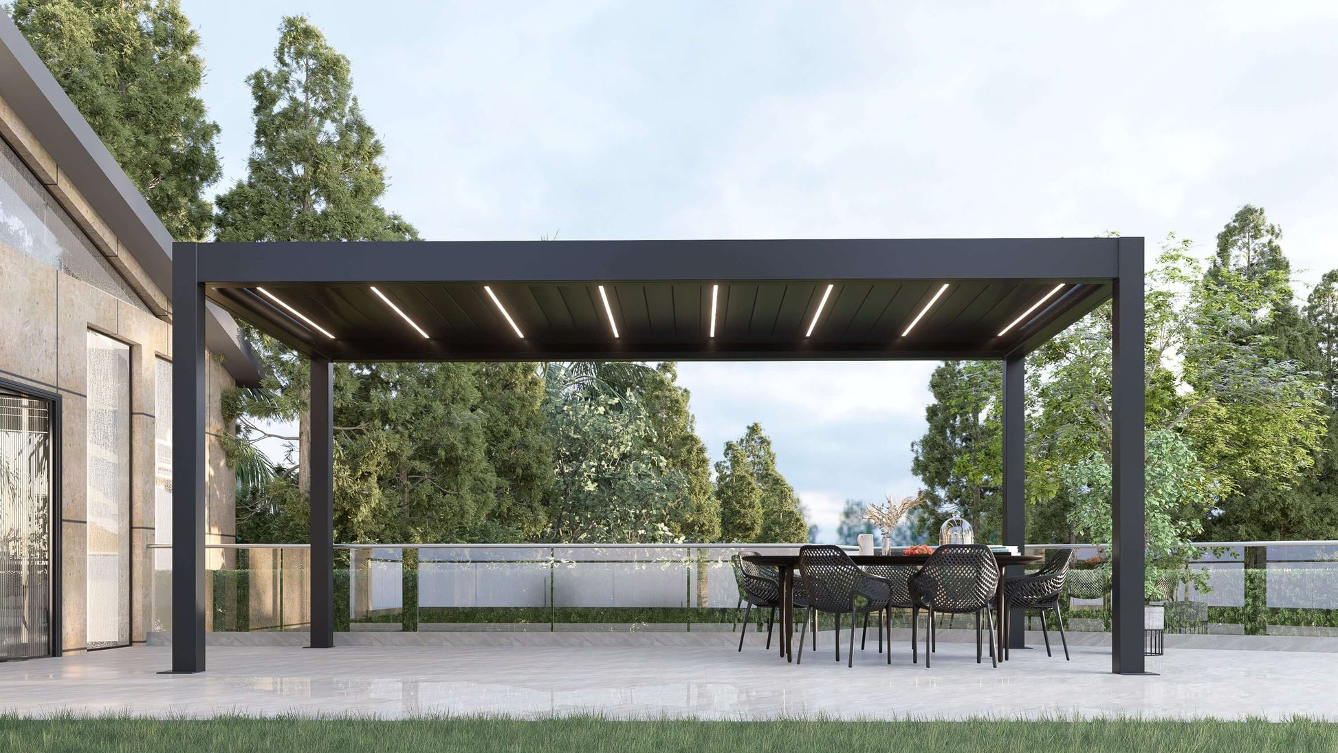 Heavy-duty aluminum pergola with motorized louvers, LED lighting, and gutter system. Provides privacy and protection from the elements.