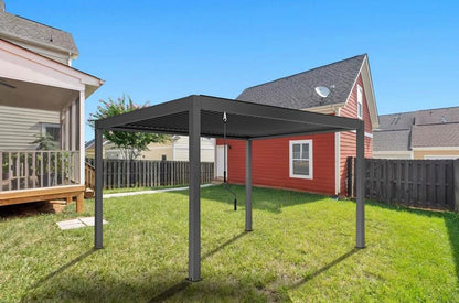 A dark gray aluminum pergola with manual louvers that can be adjusted to provide shade and privacy. Perfect for backyards, patios, and decks.